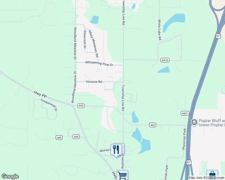 map of restaurants, bars, coffee shops, grocery stores, and more near Link Drive in Poplar Bluff