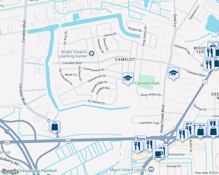 map of restaurants, bars, coffee shops, grocery stores, and more near 852 Parapet Road in Chesapeake