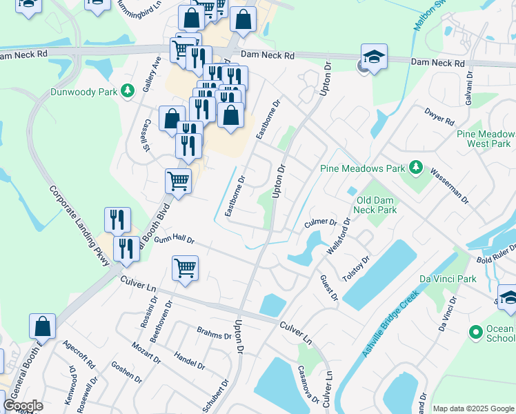 map of restaurants, bars, coffee shops, grocery stores, and more near 1228 Madras Ct in Virginia Beach