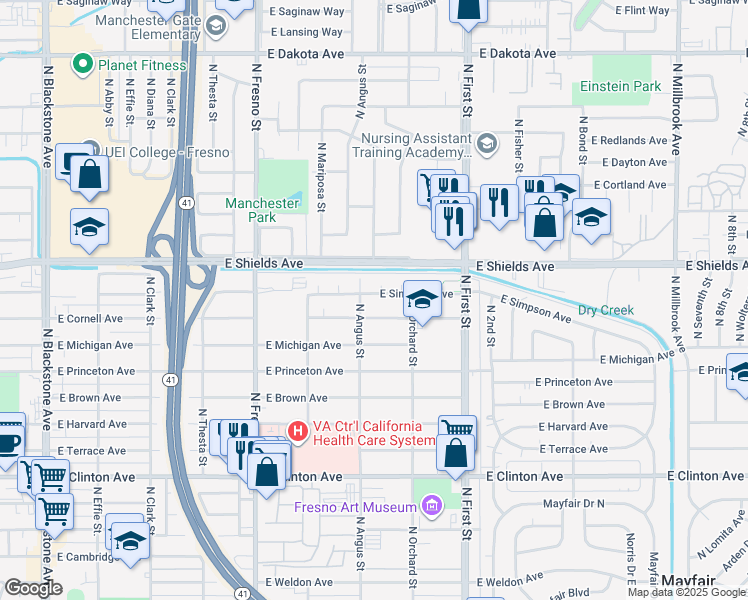 map of restaurants, bars, coffee shops, grocery stores, and more near 2922 East Simpson Avenue in Fresno