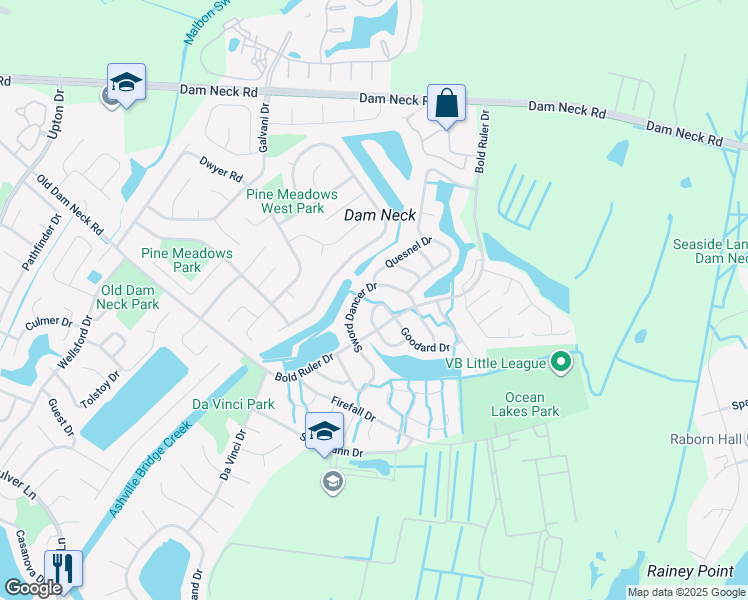 map of restaurants, bars, coffee shops, grocery stores, and more near 1627 Mantane Arch in Virginia Beach