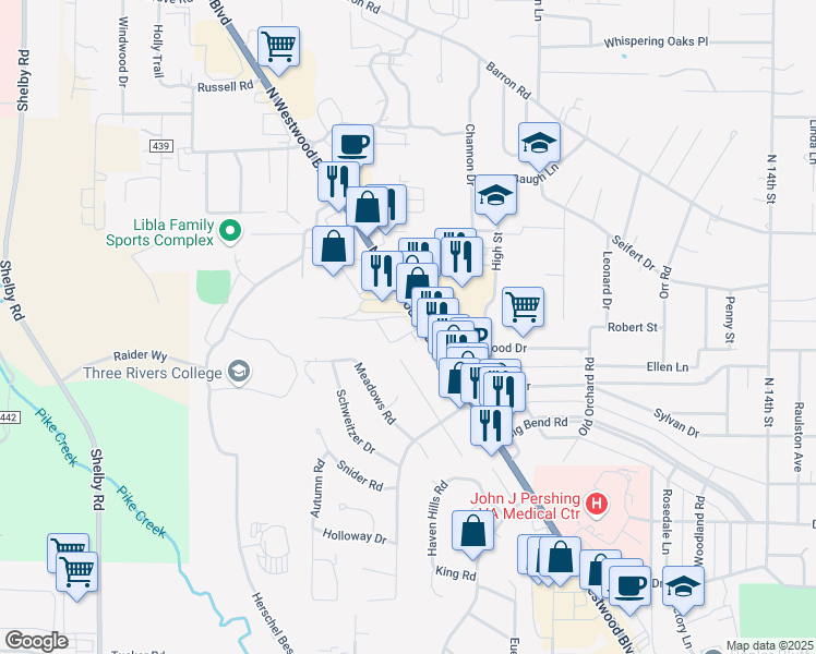 map of restaurants, bars, coffee shops, grocery stores, and more near 2121 North Westwood Boulevard in Poplar Bluff