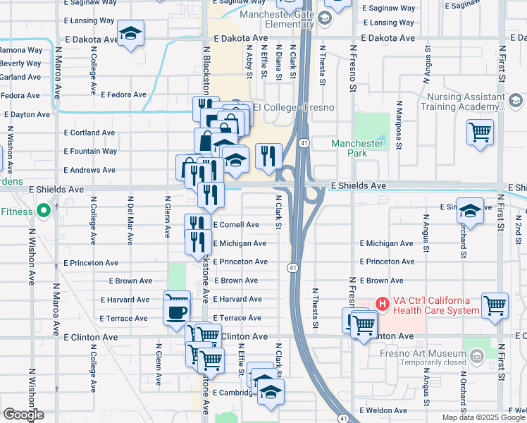 map of restaurants, bars, coffee shops, grocery stores, and more near 2010 East Simpson Avenue in Fresno