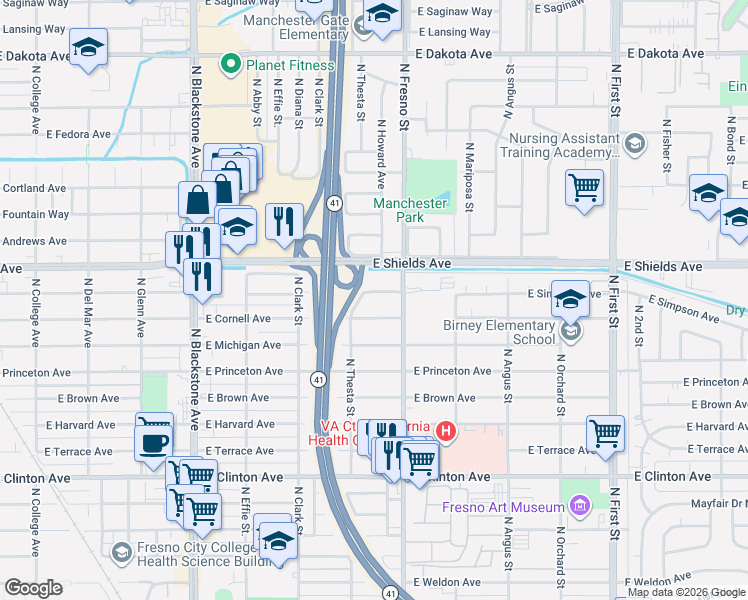 map of restaurants, bars, coffee shops, grocery stores, and more near 2416 East Simpson Avenue in Fresno