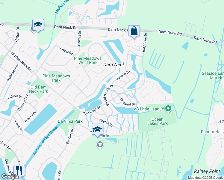 map of restaurants, bars, coffee shops, grocery stores, and more near 1627 Mantane Arch in Virginia Beach