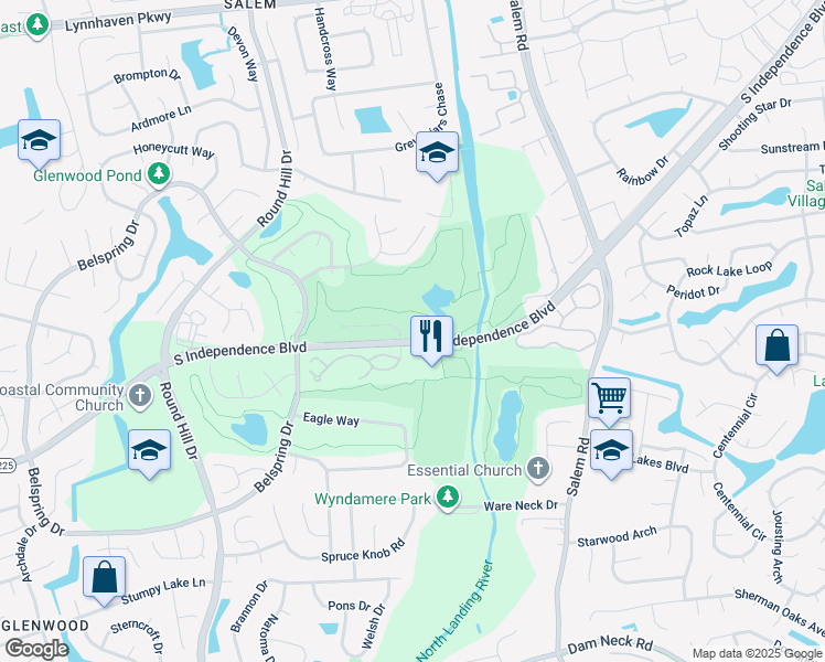 map of restaurants, bars, coffee shops, grocery stores, and more near 5008 Glenwood Way in Virginia Beach