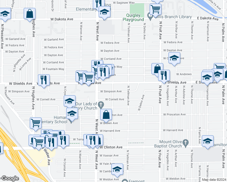 map of restaurants, bars, coffee shops, grocery stores, and more near 3100 North Channing Way in Fresno
