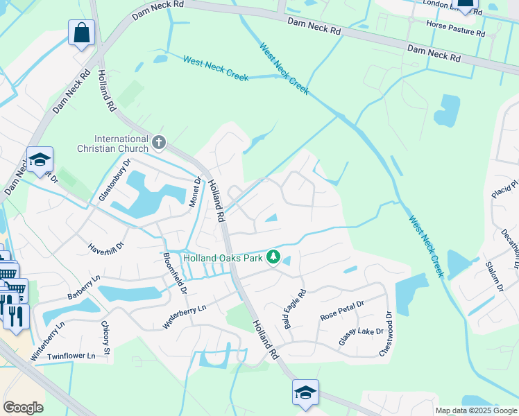map of restaurants, bars, coffee shops, grocery stores, and more near 1917 English Oak Court in Virginia Beach