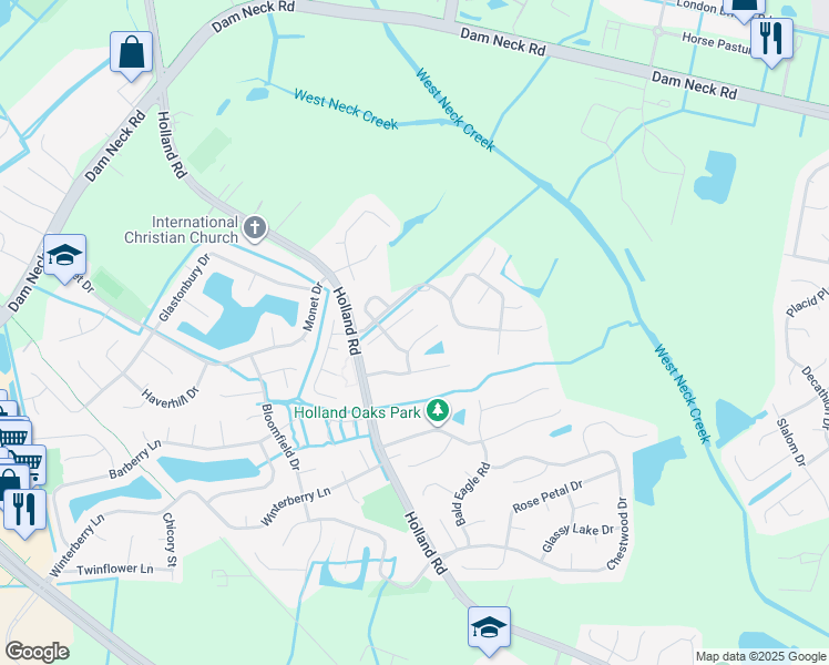 map of restaurants, bars, coffee shops, grocery stores, and more near 1917 English Oak Court in Virginia Beach