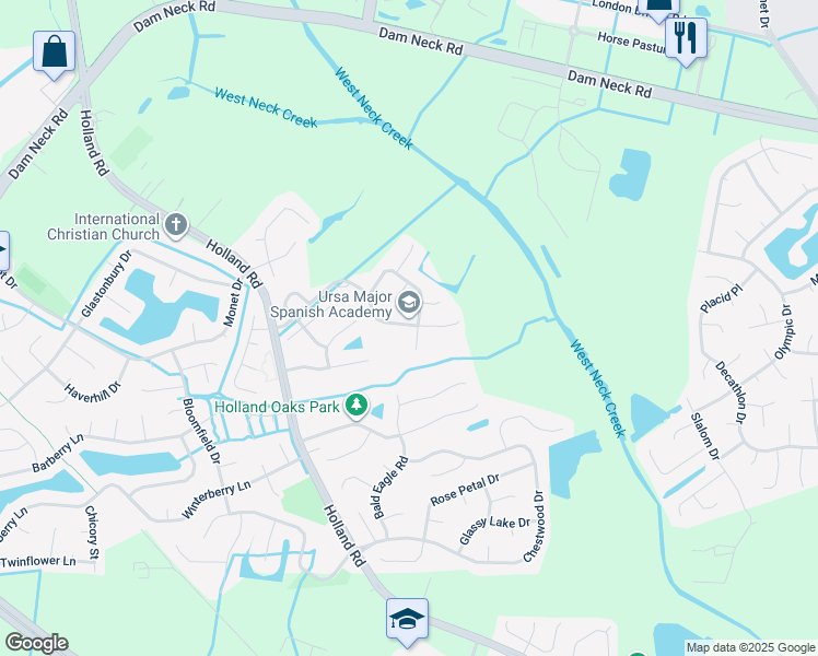 map of restaurants, bars, coffee shops, grocery stores, and more near 2881 Saville Garden Way in Virginia Beach