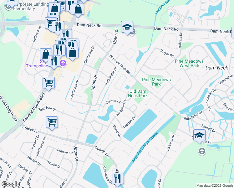 map of restaurants, bars, coffee shops, grocery stores, and more near 1700 Cacapon Court in Virginia Beach