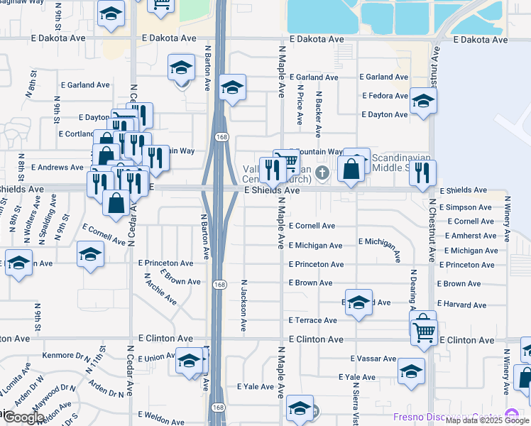 map of restaurants, bars, coffee shops, grocery stores, and more near 4576 East Simpson Avenue in Fresno