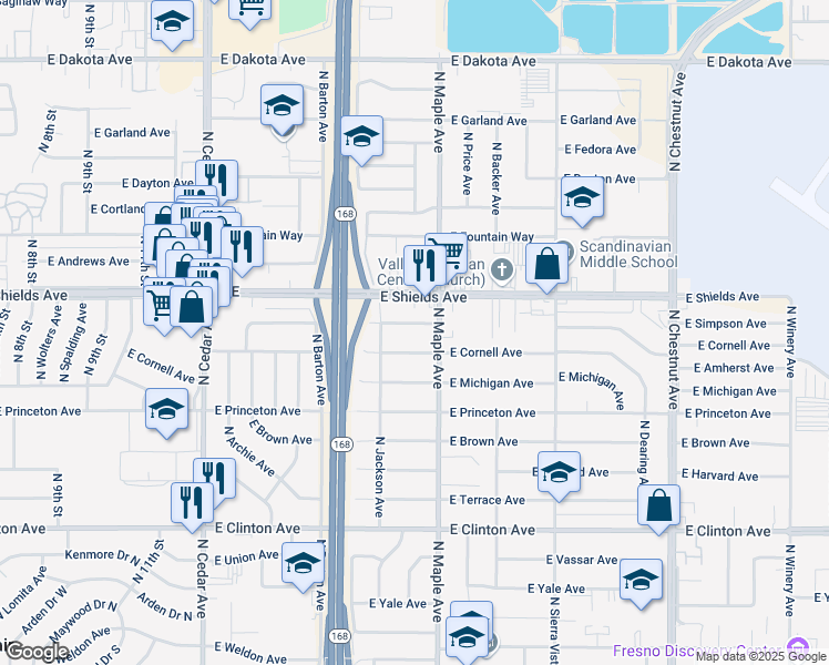 map of restaurants, bars, coffee shops, grocery stores, and more near 4576 East Simpson Avenue in Fresno