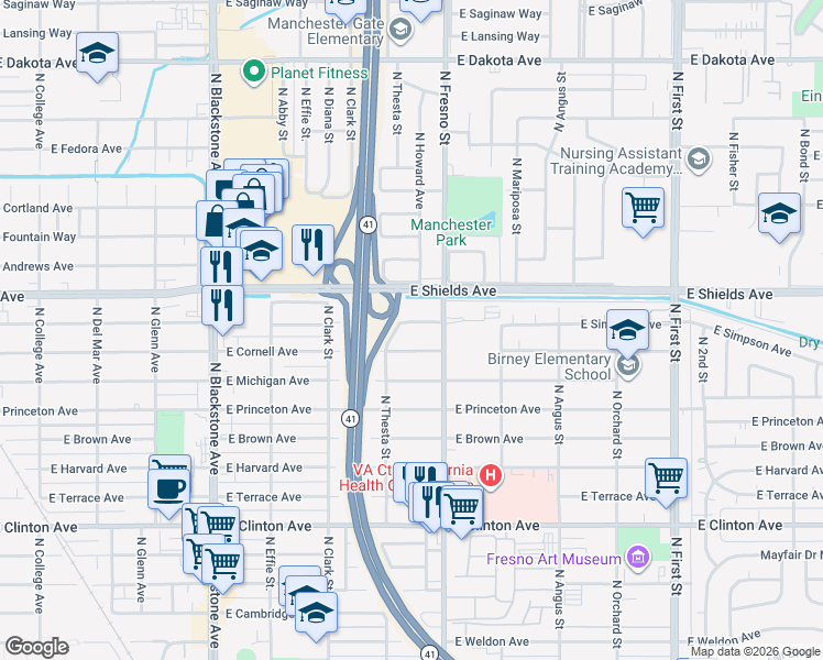 map of restaurants, bars, coffee shops, grocery stores, and more near 2416 East Simpson Avenue in Fresno