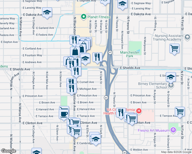 map of restaurants, bars, coffee shops, grocery stores, and more near 2010 East Simpson Avenue in Fresno