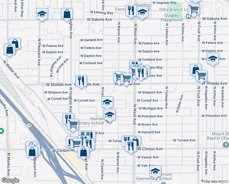 map of restaurants, bars, coffee shops, grocery stores, and more near 1501 West Shields Avenue in Fresno