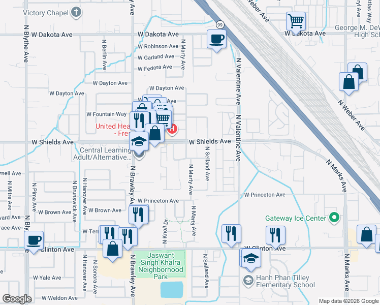 map of restaurants, bars, coffee shops, grocery stores, and more near 2762 North Marty Avenue in Fresno
