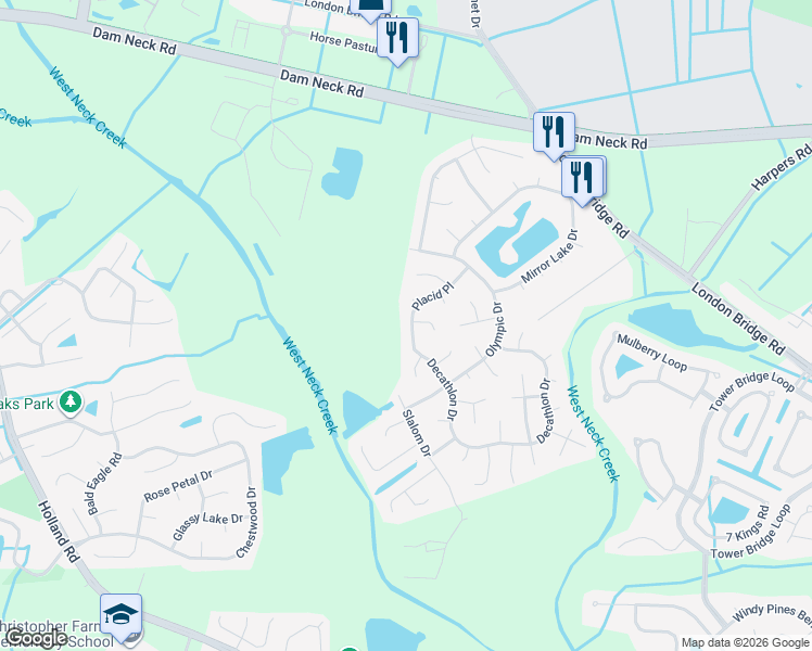 map of restaurants, bars, coffee shops, grocery stores, and more near 1805 Cascade Court in Virginia Beach