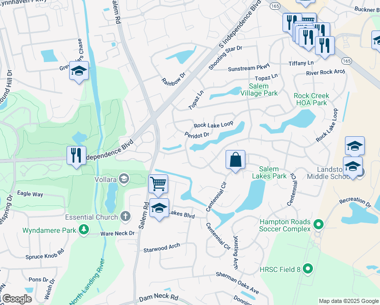 map of restaurants, bars, coffee shops, grocery stores, and more near 2460 Rock Lake Loop in Virginia Beach
