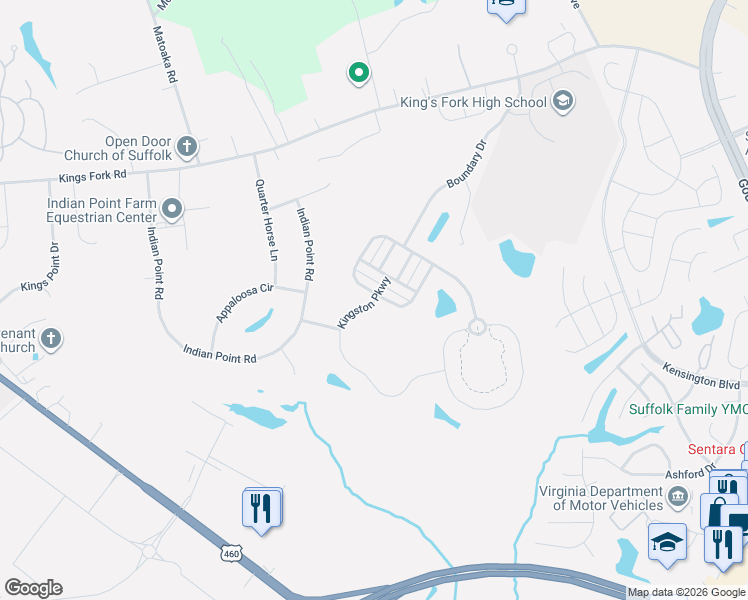 map of restaurants, bars, coffee shops, grocery stores, and more near 2044 Queens Point Drive in Suffolk