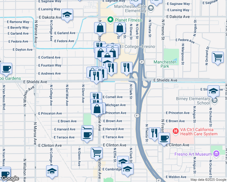 map of restaurants, bars, coffee shops, grocery stores, and more near 3033 North Effie Street in Fresno
