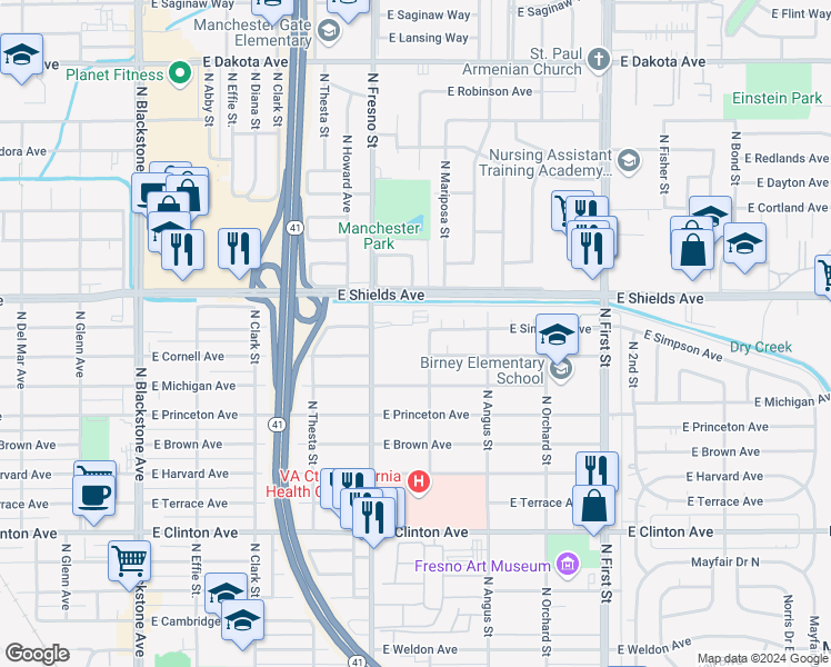 map of restaurants, bars, coffee shops, grocery stores, and more near 3111 North Mariposa Street in Fresno