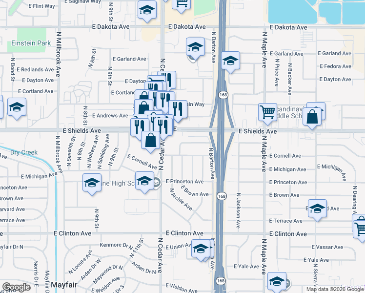 map of restaurants, bars, coffee shops, grocery stores, and more near 4368 East Simpson Avenue in Fresno