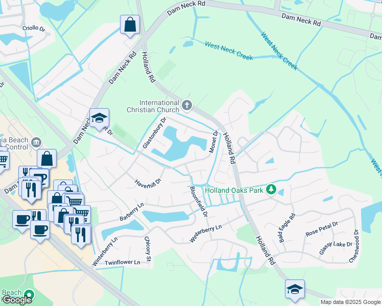 map of restaurants, bars, coffee shops, grocery stores, and more near 1709 Mendon Court in Virginia Beach