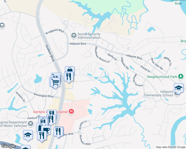 map of restaurants, bars, coffee shops, grocery stores, and more near 4001 Corporate Lane in Suffolk