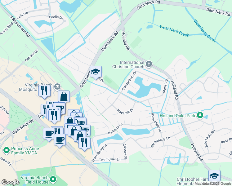 map of restaurants, bars, coffee shops, grocery stores, and more near 3177 Monet Drive in Virginia Beach