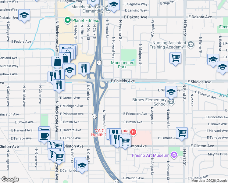 map of restaurants, bars, coffee shops, grocery stores, and more near 2416 East Simpson Avenue in Fresno