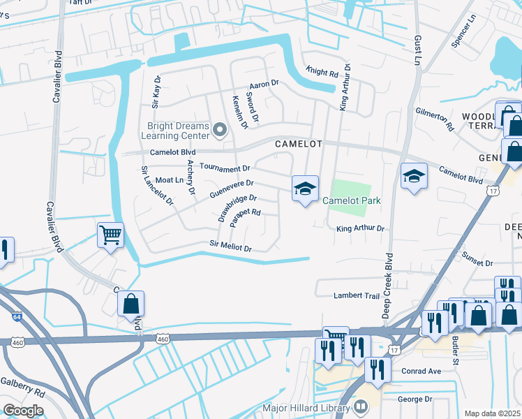 map of restaurants, bars, coffee shops, grocery stores, and more near 852 Parapet Road in Chesapeake