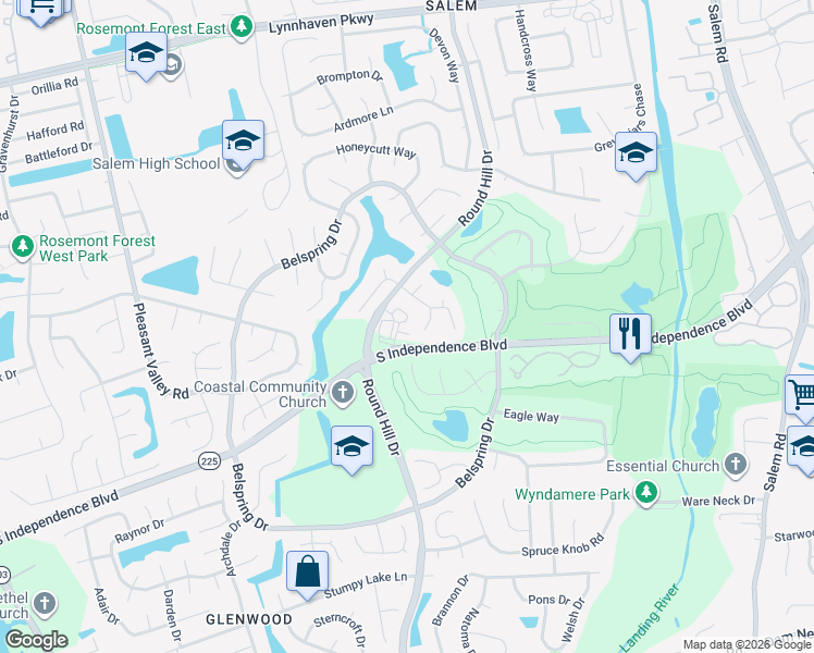 map of restaurants, bars, coffee shops, grocery stores, and more near 2725 South Independence Boulevard in Virginia Beach
