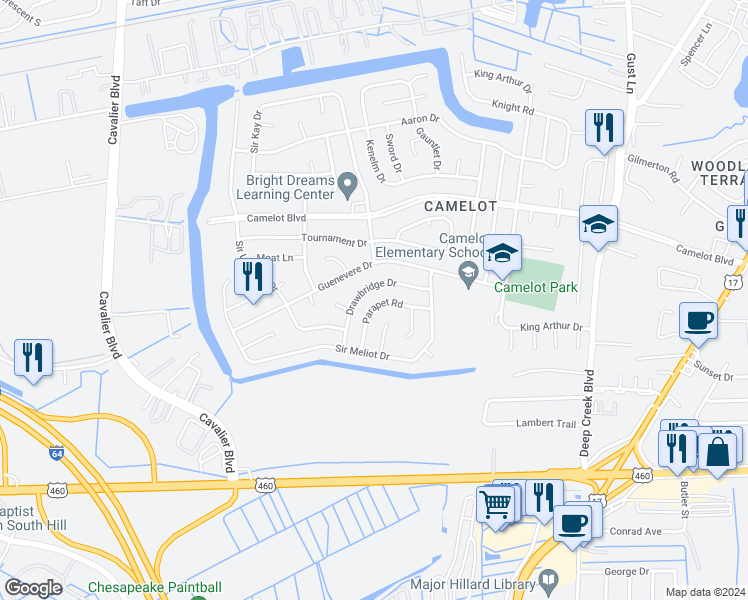 map of restaurants, bars, coffee shops, grocery stores, and more near 832 Parapet Road in Chesapeake