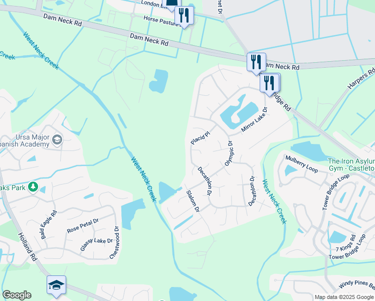 map of restaurants, bars, coffee shops, grocery stores, and more near 1805 Cascade Court in Virginia Beach