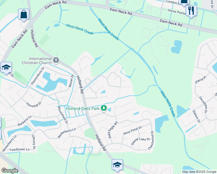 map of restaurants, bars, coffee shops, grocery stores, and more near 2945 Saville Garden Way in Virginia Beach