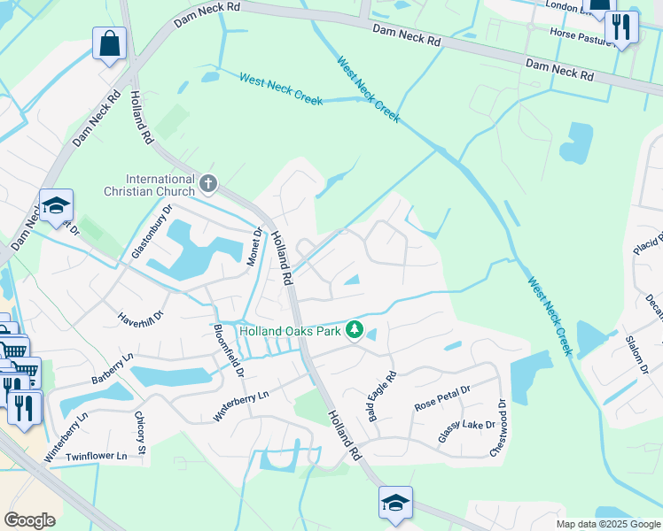 map of restaurants, bars, coffee shops, grocery stores, and more near 1917 English Oak Court in Virginia Beach