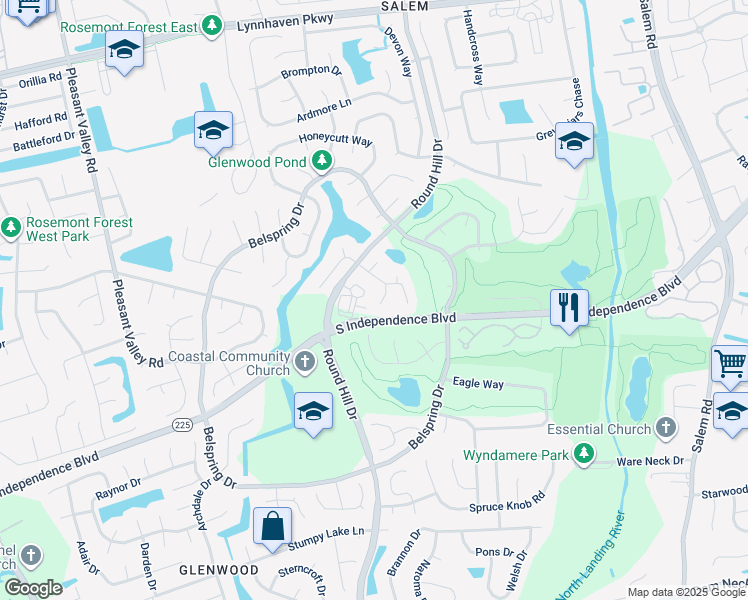 map of restaurants, bars, coffee shops, grocery stores, and more near 2017 Winding Wood Court in Virginia Beach
