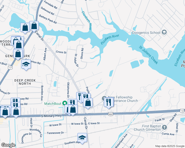 map of restaurants, bars, coffee shops, grocery stores, and more near 2044 Maywood Street in Chesapeake