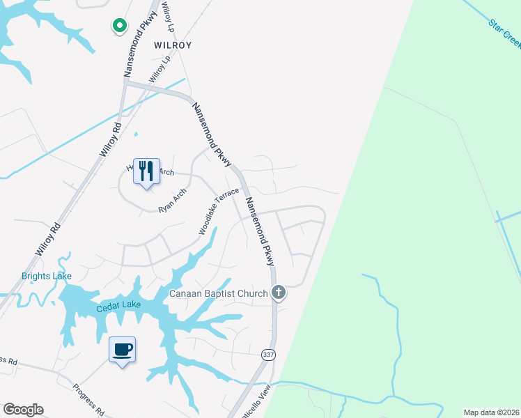 map of restaurants, bars, coffee shops, grocery stores, and more near 2092 Nansemond Parkway in Suffolk