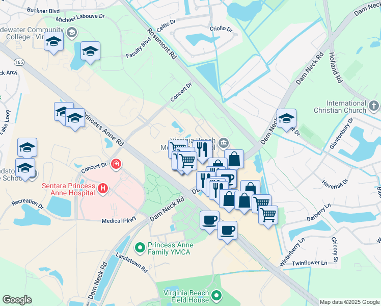 map of restaurants, bars, coffee shops, grocery stores, and more near 3465 Landstown Court in Virginia Beach