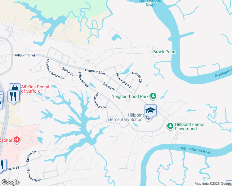 map of restaurants, bars, coffee shops, grocery stores, and more near 1046 Snead Drive in Suffolk