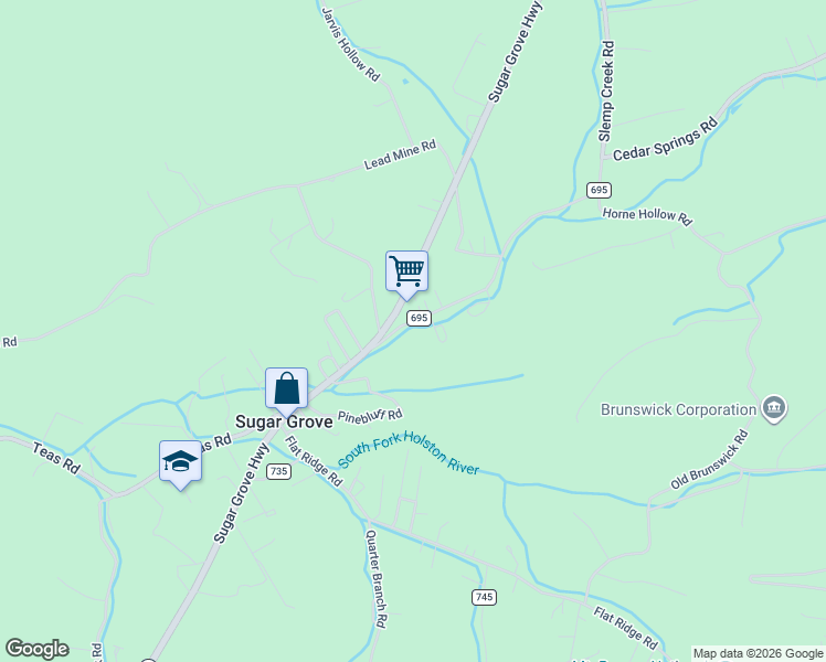 map of restaurants, bars, coffee shops, grocery stores, and more near 104 Slemp Creek Road in Sugar Grove