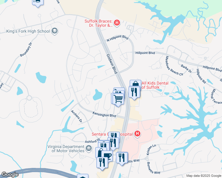 map of restaurants, bars, coffee shops, grocery stores, and more near 188 Wexford Drive East in Suffolk