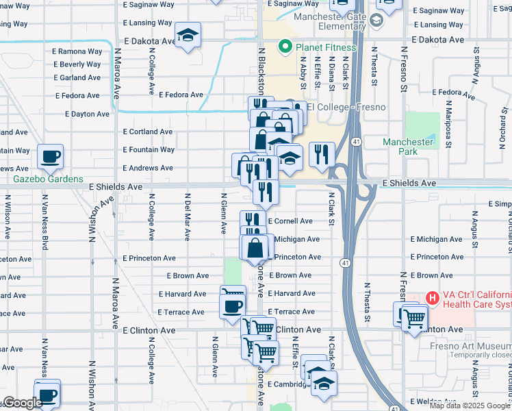 map of restaurants, bars, coffee shops, grocery stores, and more near 1616 East Simpson Avenue in Fresno