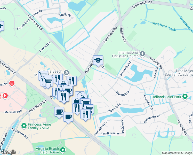 map of restaurants, bars, coffee shops, grocery stores, and more near 1829 Monet Court in Virginia Beach