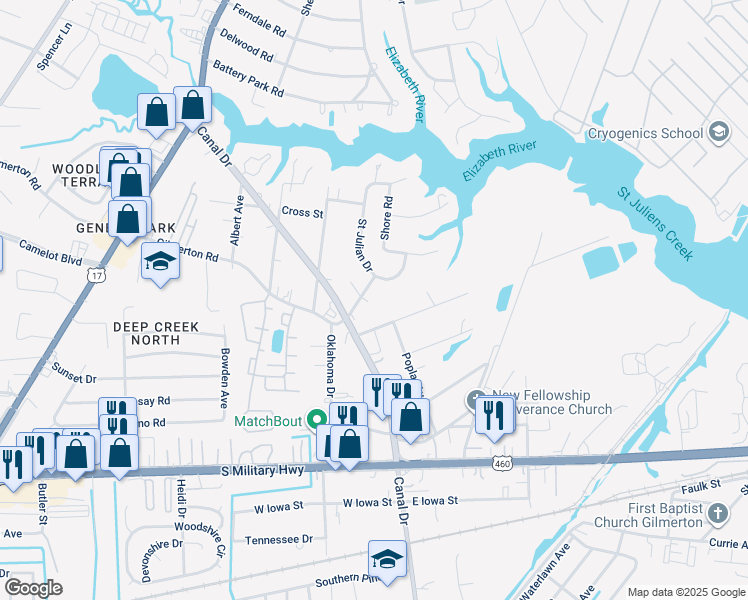 map of restaurants, bars, coffee shops, grocery stores, and more near 1104 Deaton Drive in Chesapeake