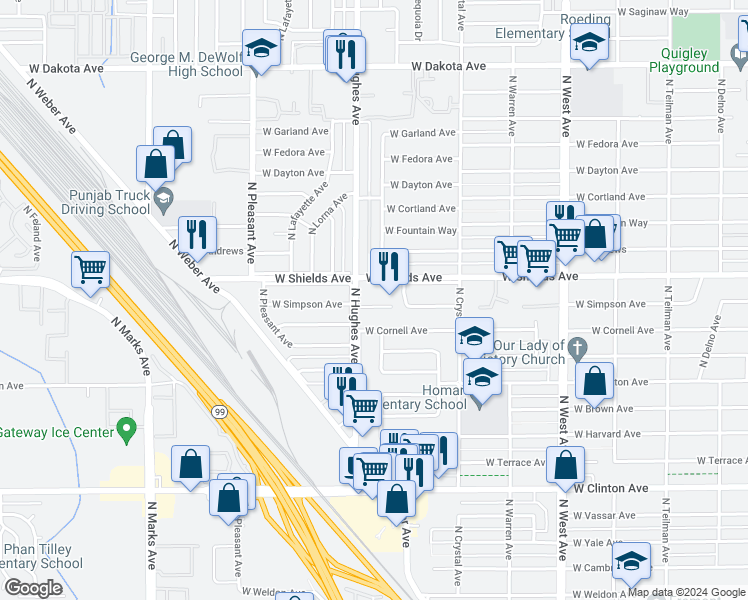 map of restaurants, bars, coffee shops, grocery stores, and more near 2056 West Simpson Avenue in Fresno