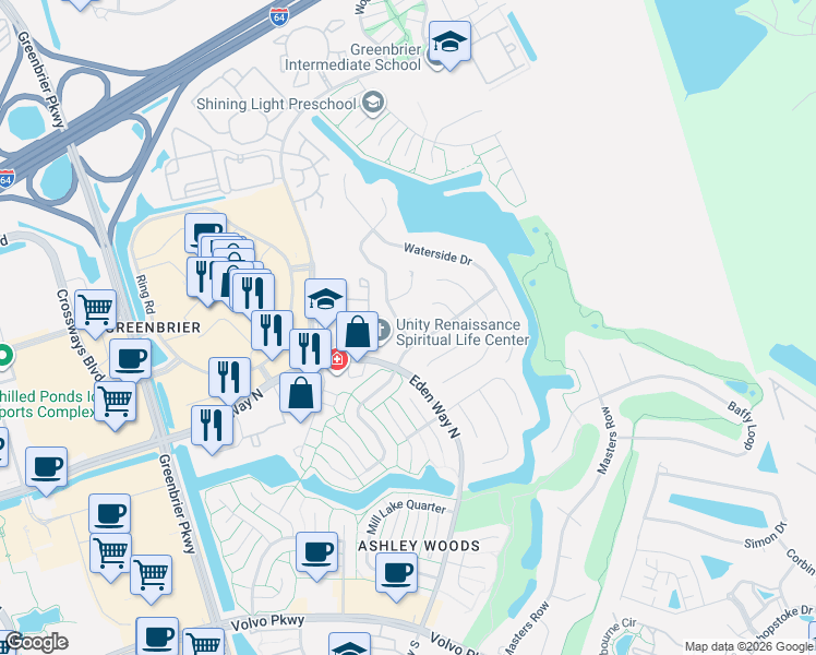 map of restaurants, bars, coffee shops, grocery stores, and more near 1420 Bayberry Place in Chesapeake