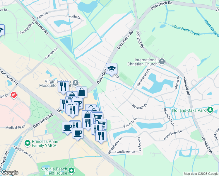 map of restaurants, bars, coffee shops, grocery stores, and more near 1829 Monet Court in Virginia Beach